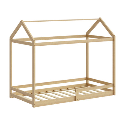 Kids Wooden Bed Frame House Frame Timber with Fence Single Natural