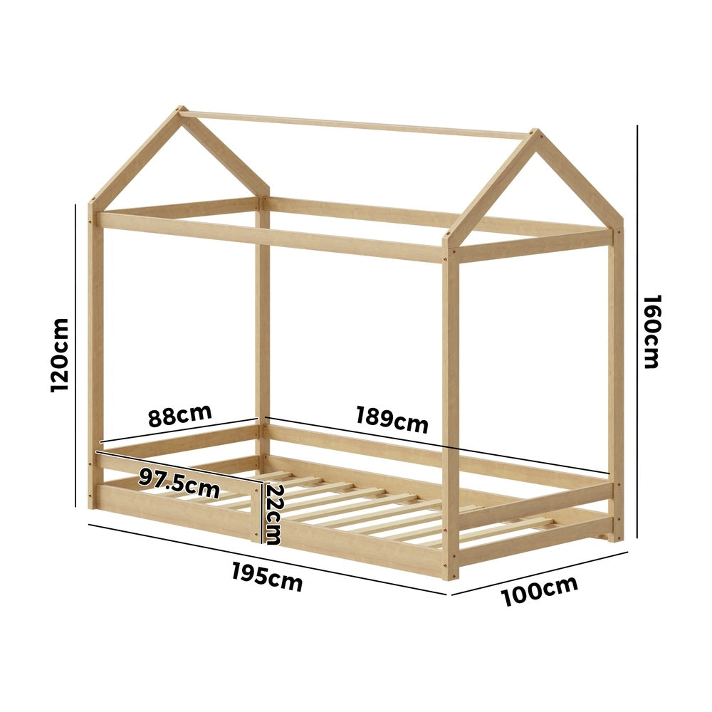 Kids Wooden Bed Frame House Frame Timber with Fence Single Natural