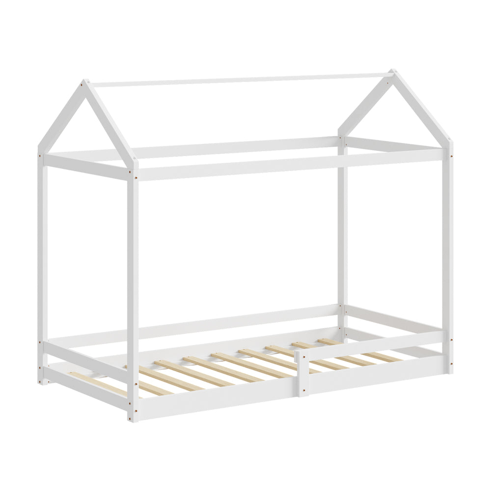 Kids Wooden Bed Frame House Frame Timber with Fence Single Natural