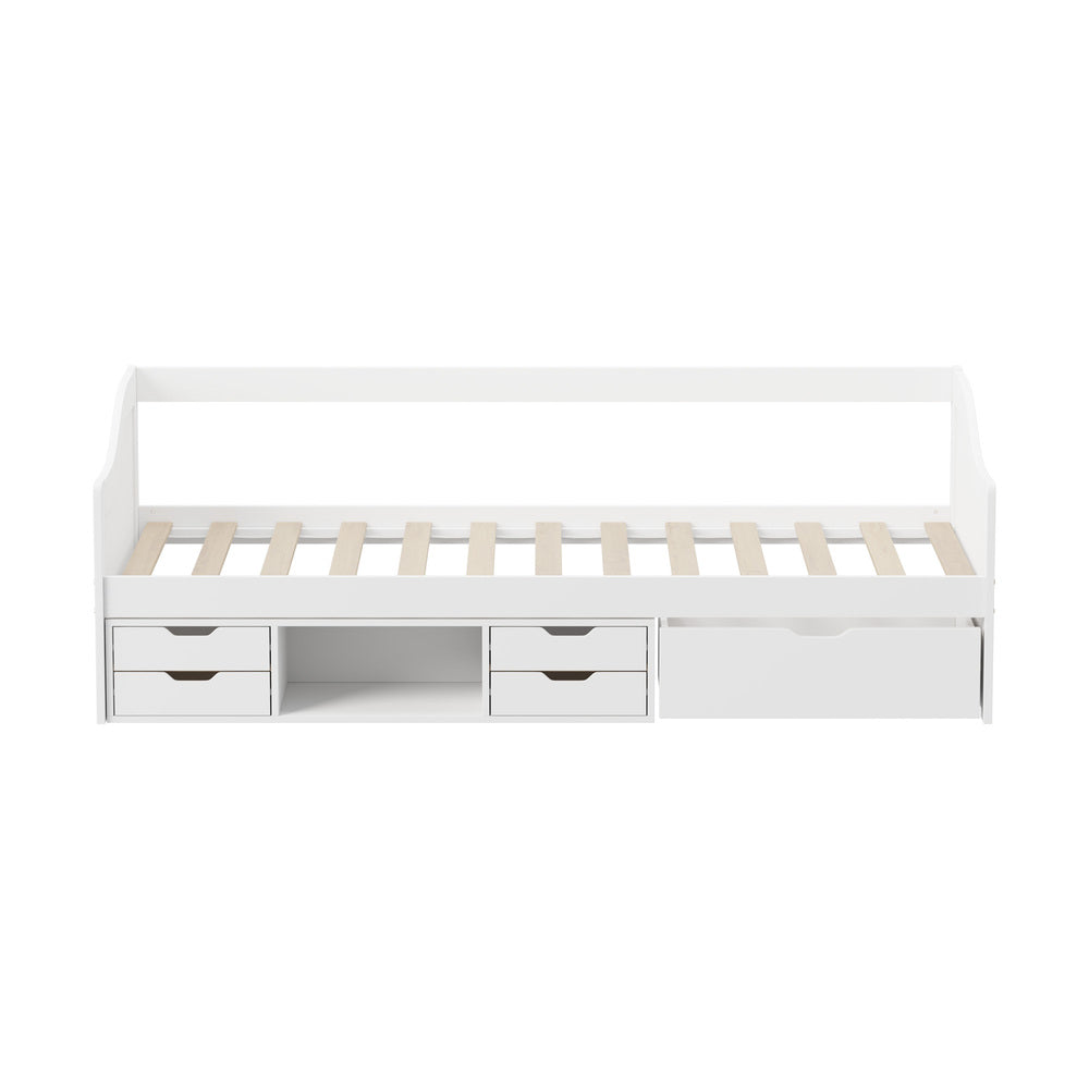 Single Kids Bed Frame with Trundle Storage Drawers Timber White