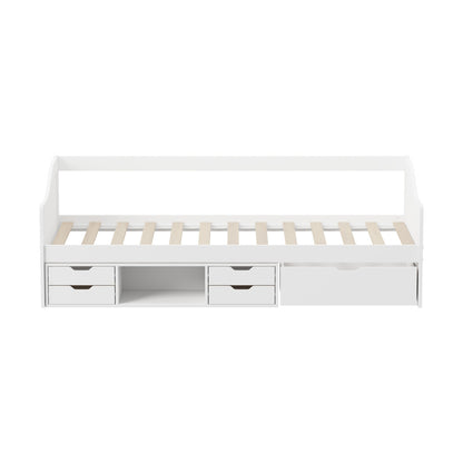 Single Kids Bed Frame with Trundle Storage Drawers Timber White