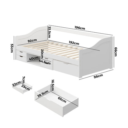 Single Kids Bed Frame with Trundle Storage Drawers Timber White