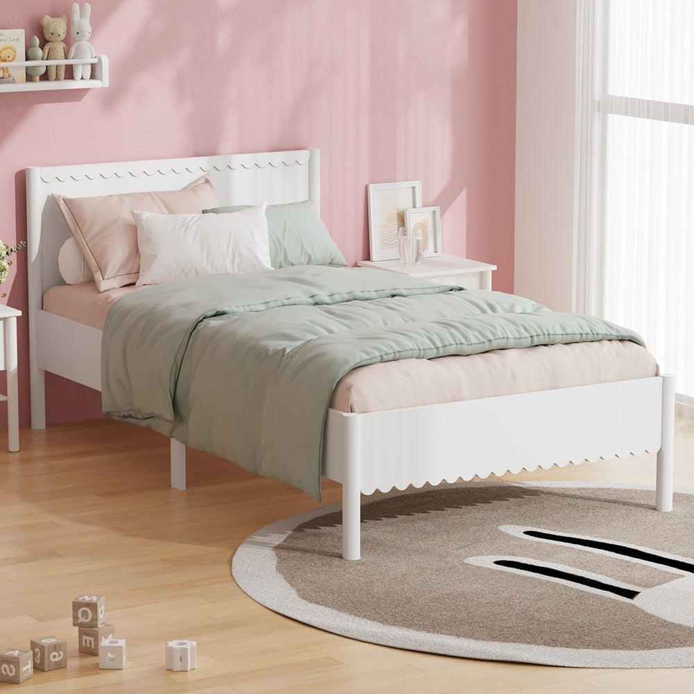 Scalloped Wooden Kids Bed Frame Single Timber Wood White Finish