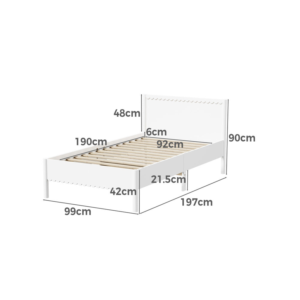 Scalloped Wooden Kids Bed Frame Single Timber Wood White Finish
