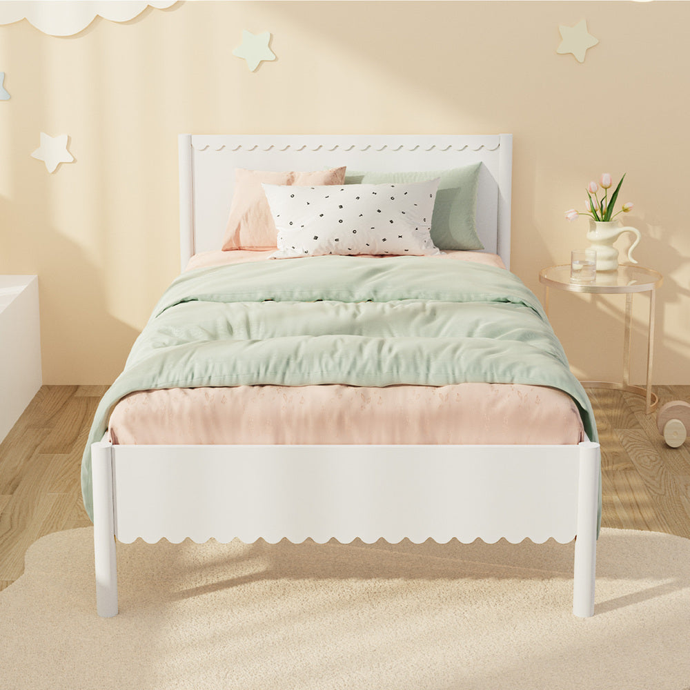 Scalloped Wooden Kids Bed Frame Single Timber Wood White Finish