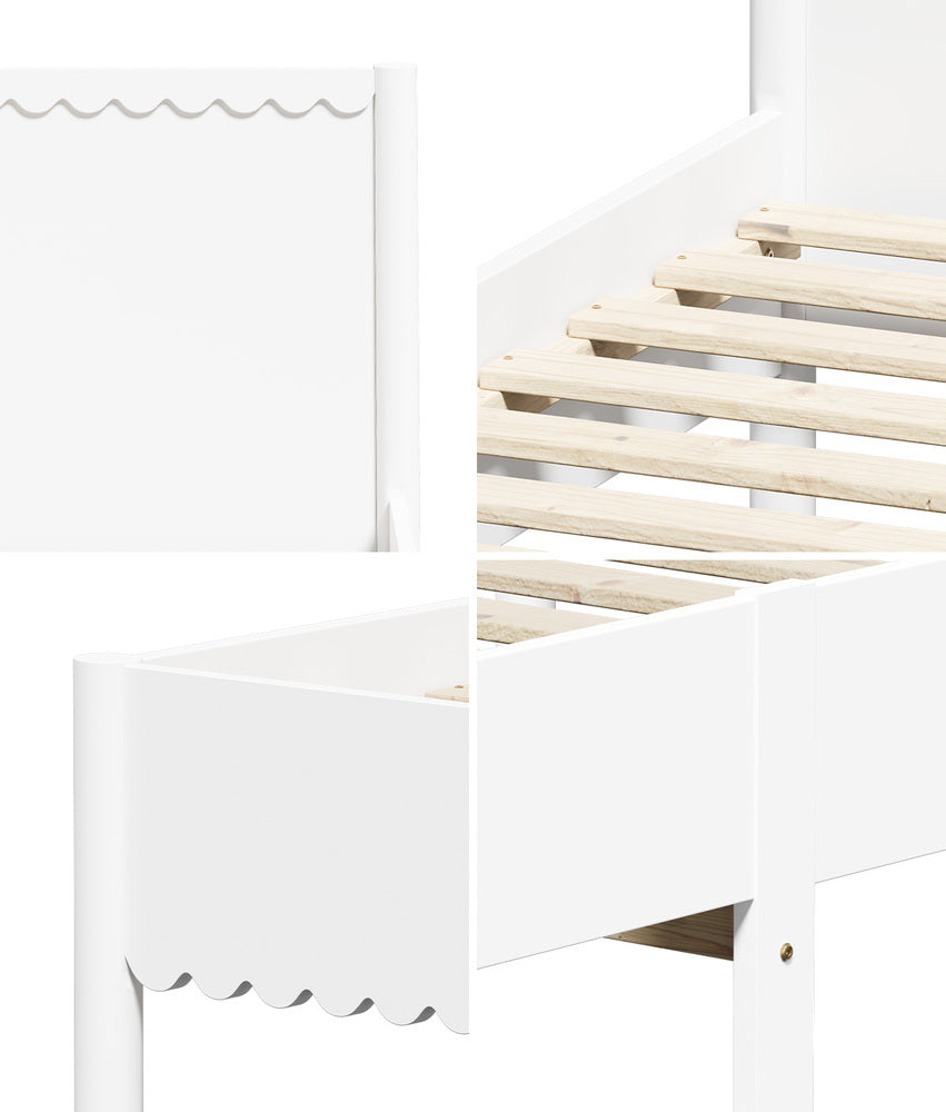 Scalloped Wooden Kids Bed Frame Single Timber Wood White Finish