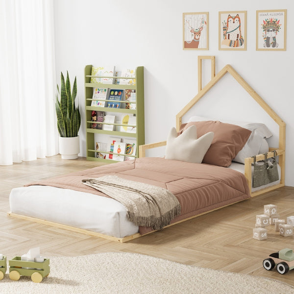  Wooden Kids Bed Frame Floor Bed Chimney Natural Wood Bedroom-KS/S