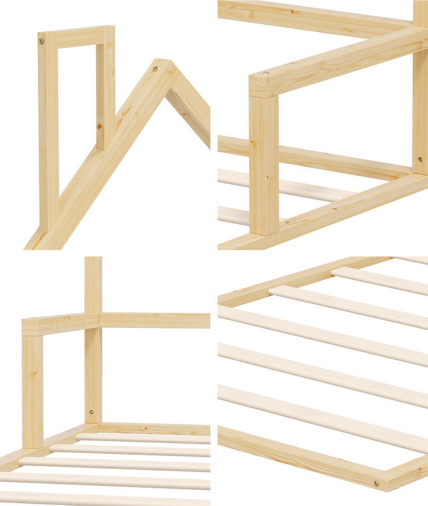 Wooden Kids Bed Frame Floor Bed Chimney Natural Wood Bedroom-KS/S