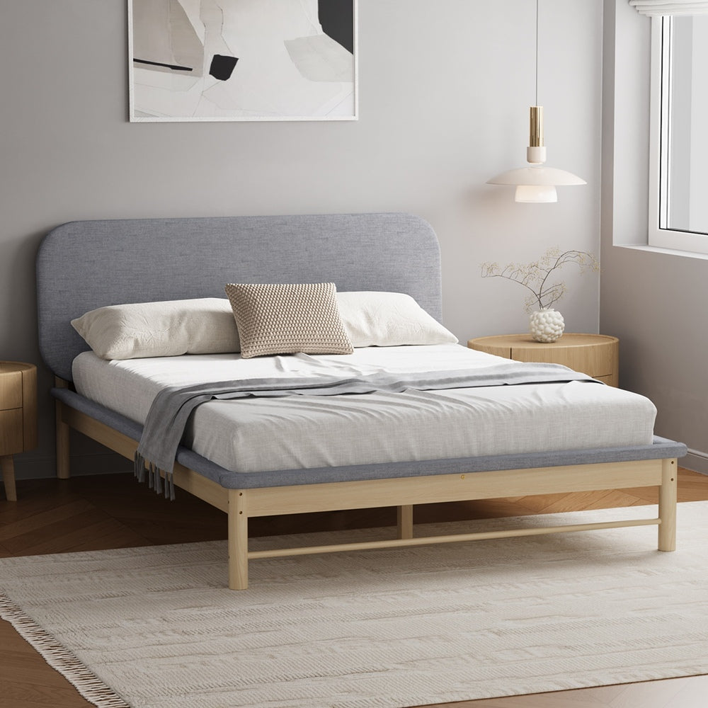 Wooden Bed Frame with Padded Fabric Edges Headboard Double Size