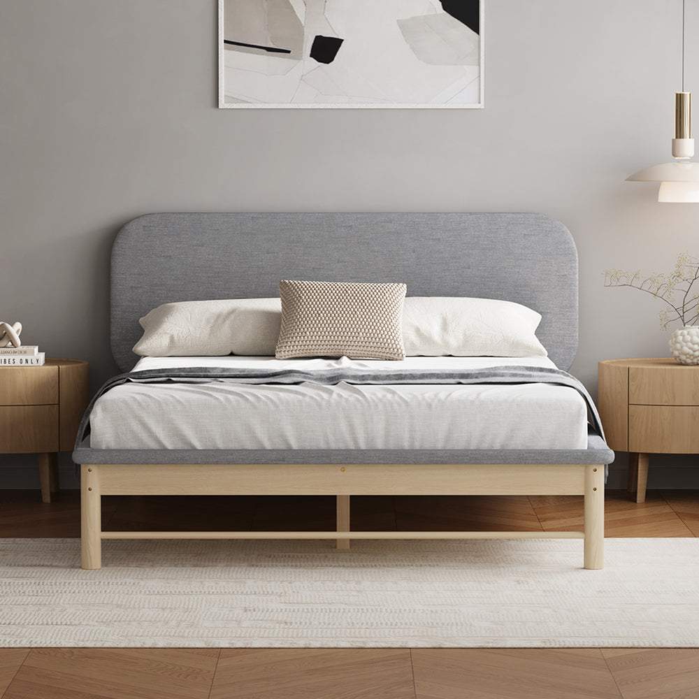 Wooden Bed Frame with Padded Fabric Edges Headboard Double Size