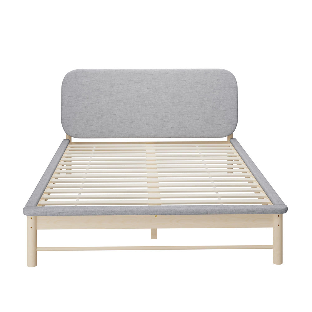 Wooden Bed Frame with Padded Fabric Edges Headboard Queen Size