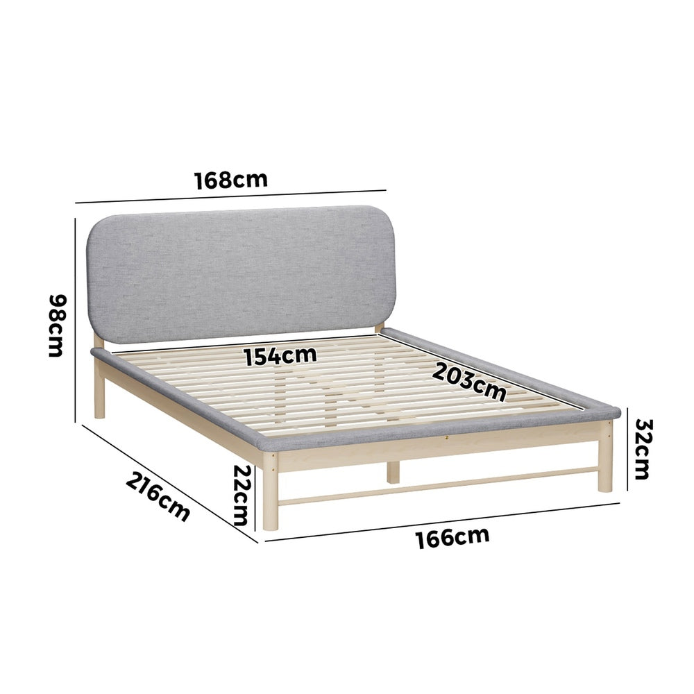 Wooden Bed Frame with Padded Fabric Edges Headboard Queen Size