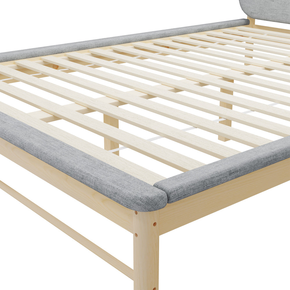 Wooden Bed Frame with Padded Fabric Edges Headboard Queen Size