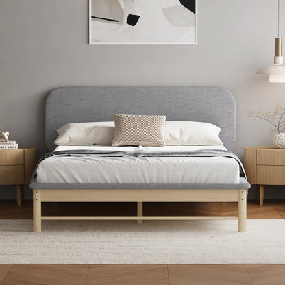 Wooden Bed Frame with Padded Fabric Edges Headboard Queen Size