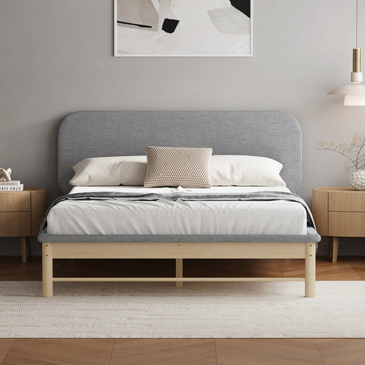 Wooden Bed Frame with Padded Fabric Edges Headboard Queen Size