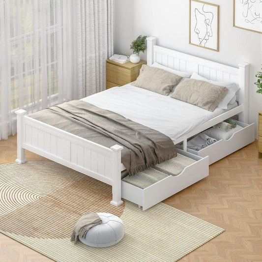 Wood Double Bed Frame with 2 Storage Drawers White
