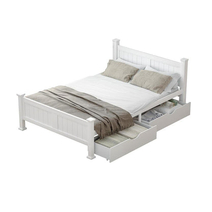 Wood Double Bed Frame with 2 Storage Drawers White