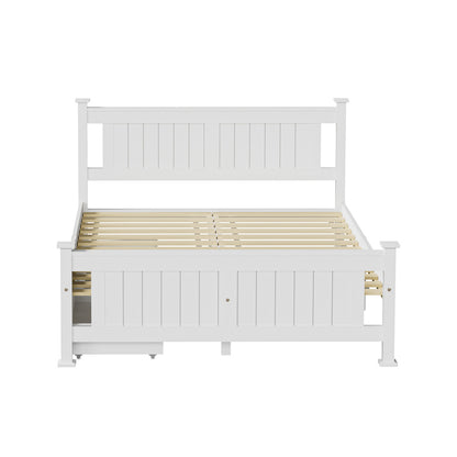 Wood Double Bed Frame with 2 Storage Drawers White
