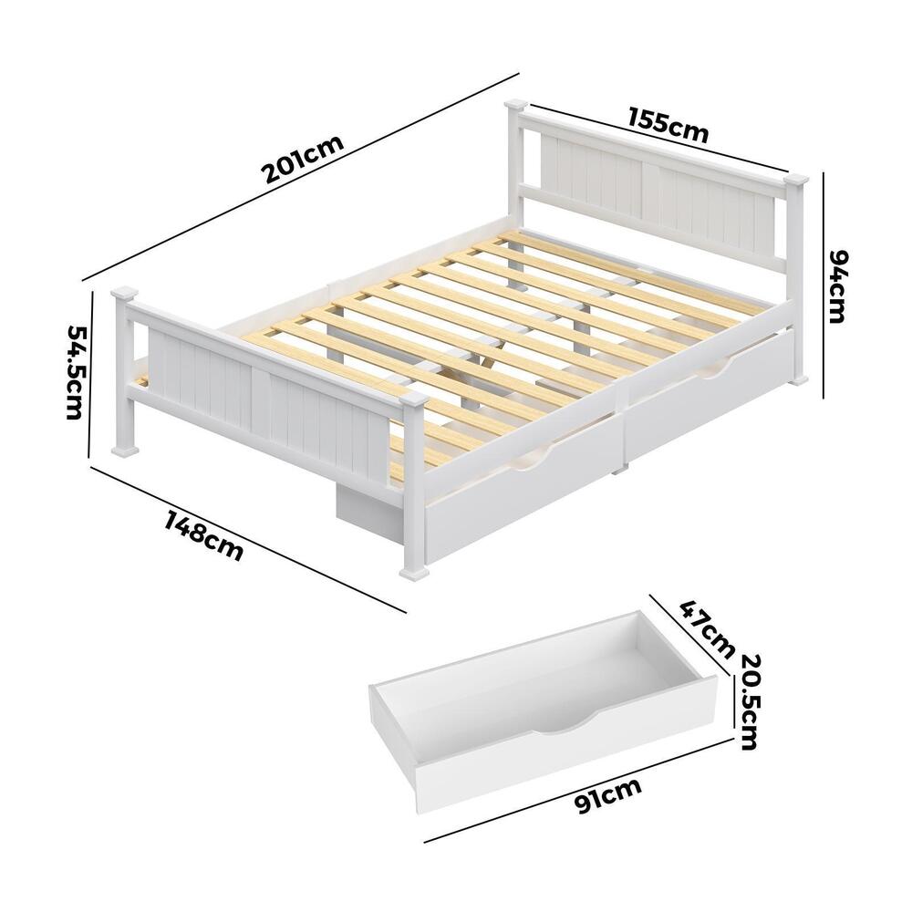 Wood Double Bed Frame with 2 Storage Drawers White