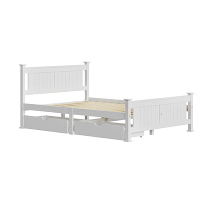Wood Double Bed Frame with 2 Storage Drawers White