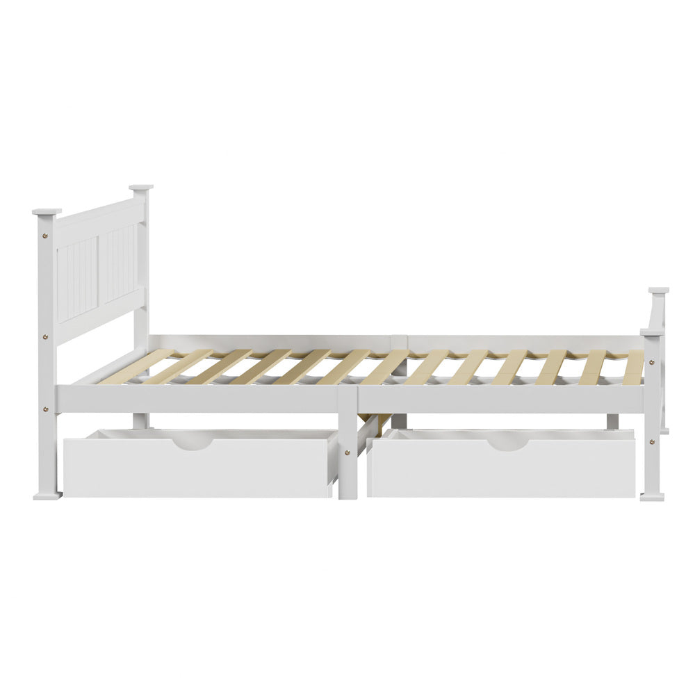 Wood Double Bed Frame with 2 Storage Drawers White