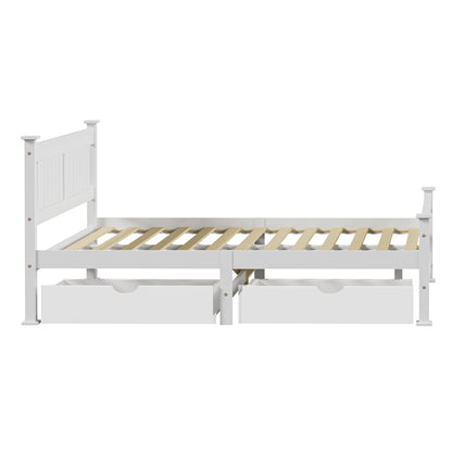 Wood Double Bed Frame with 2 Storage Drawers White