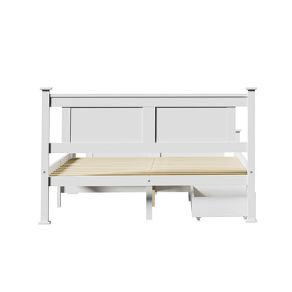 Wood Double Bed Frame with 2 Storage Drawers White