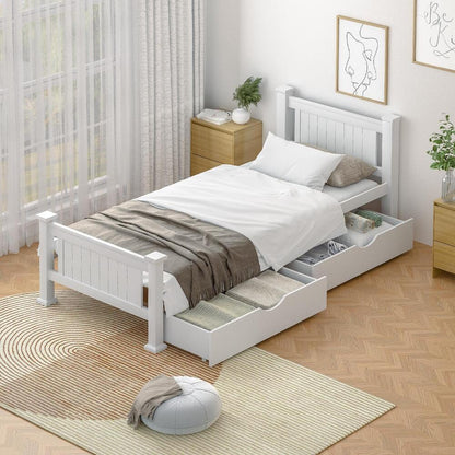 Wood King Single Bed Frame with 2 Storage Drawers White