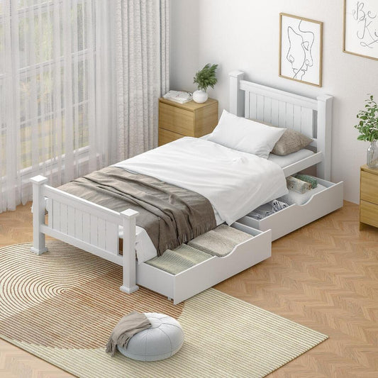 Wood King Single Bed Frame with 2 Storage Drawers White