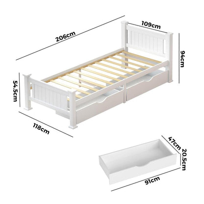 Wood King Single Bed Frame with 2 Storage Drawers White