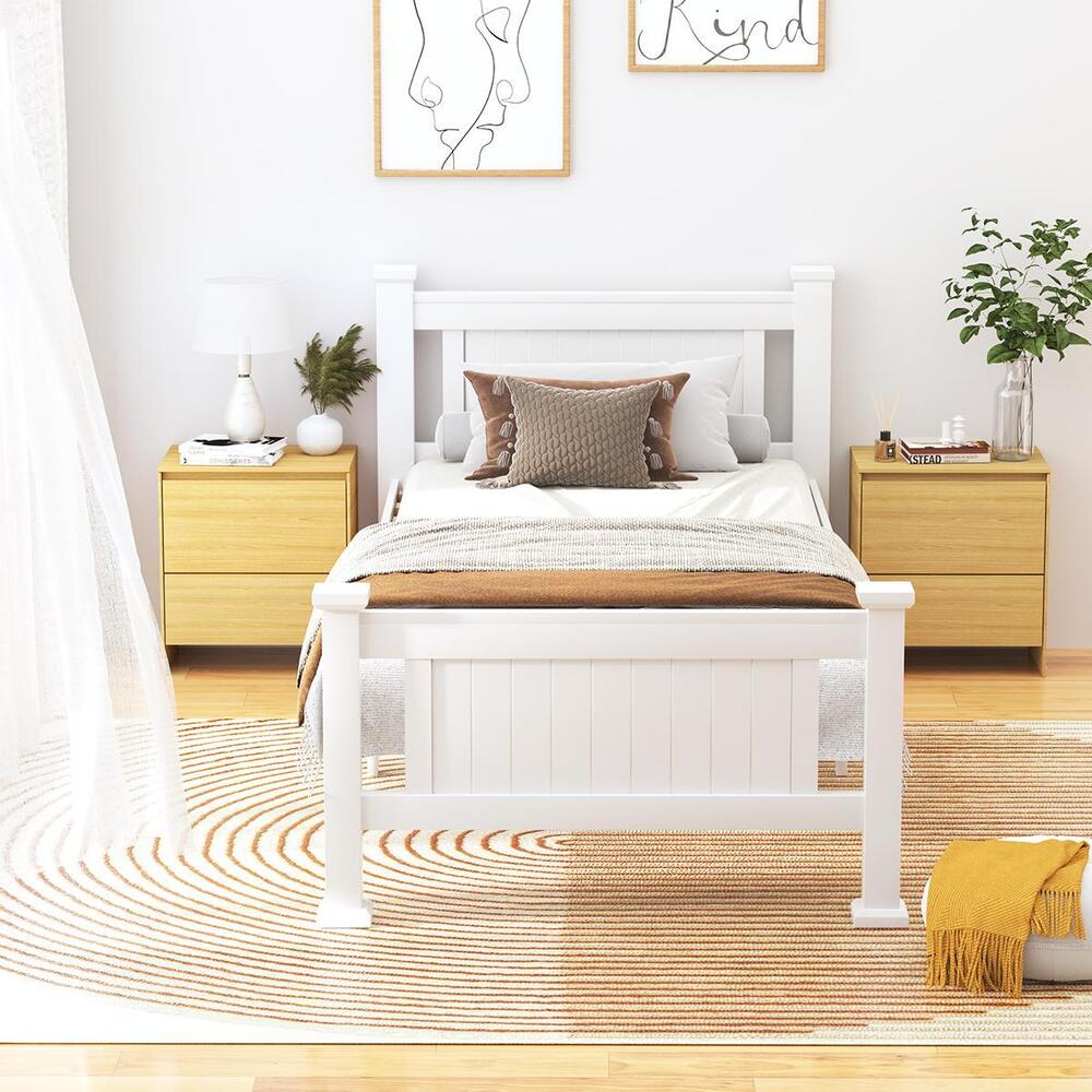 Wood King Single Bed Frame with 2 Storage Drawers White