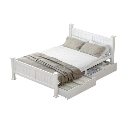 Wood Queen Bed Frame with 2 Storage Drawers White
