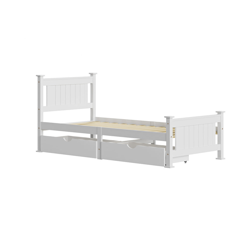 Wood Single Bed Frame with 2 Storage Drawers White