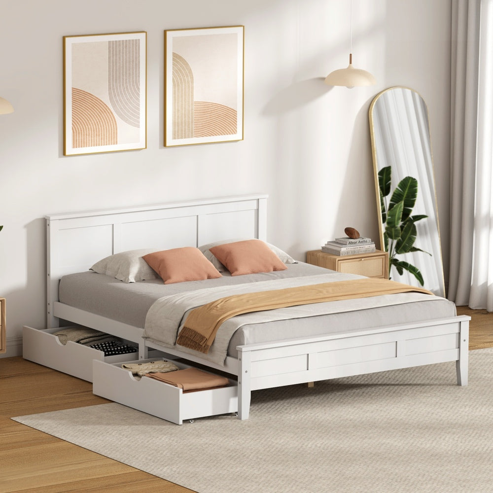 Double Wooden Bed Frame White 199x147x94cm