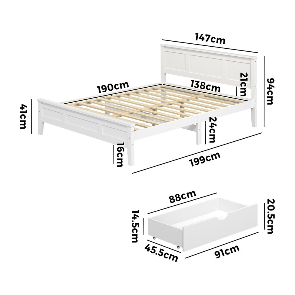 Double Wooden Bed Frame White 199x147x94cm