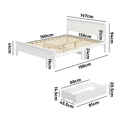 Double Wooden Bed Frame White 199x147x94cm