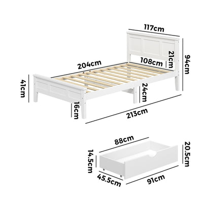 King Single Wooden Bed Frame White 213x117x94cm