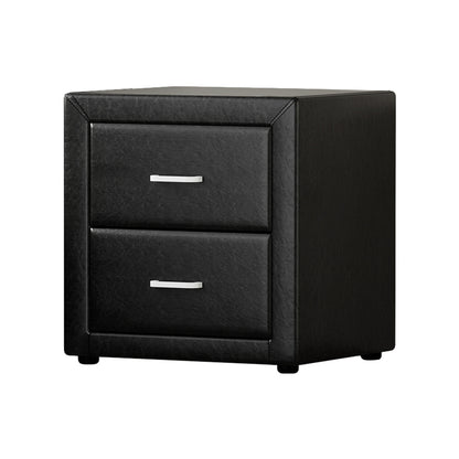 Bedside Table 2 Drawers Side Table Leather - Caden Black