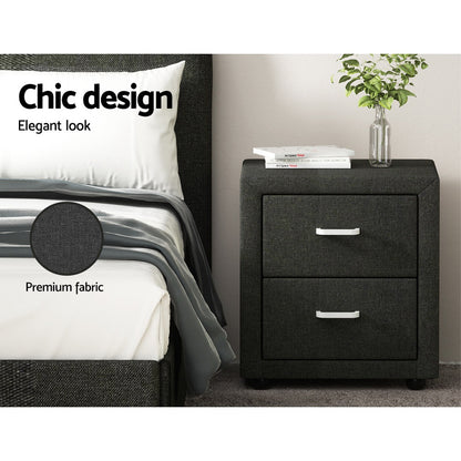 Bedside Table 2 Drawers Fabric - Caden Charcoal