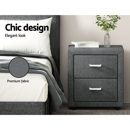 Bedside Table 2 Drawers Fabric - Caden Grey