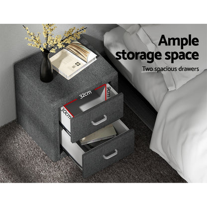 Bedside Table 2 Drawers Fabric - Caden Grey