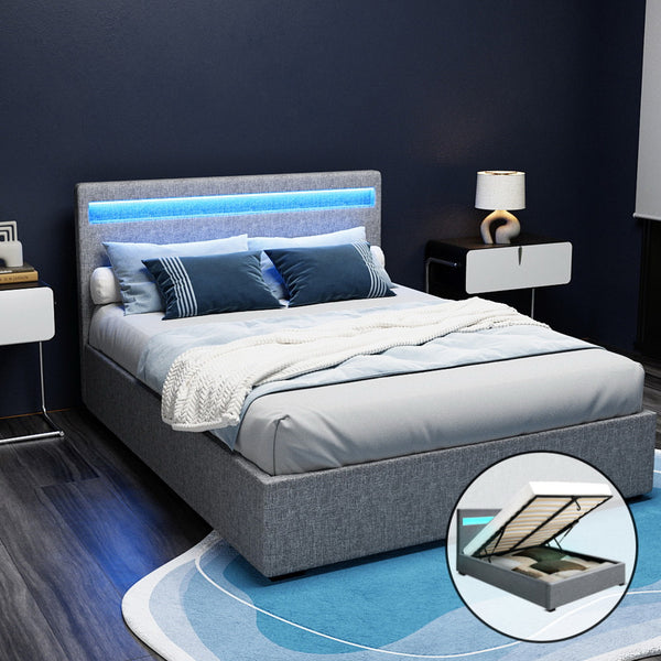  Bed Frame Double Size Led Gas Lift Grey Cole