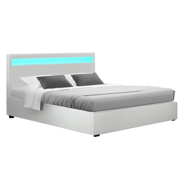  Bed Frame Double Size Led Gas Lift White Cole