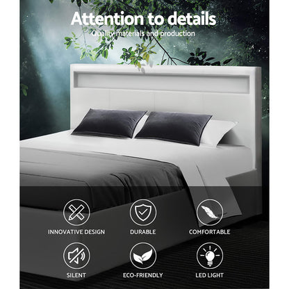 Bed Frame Double Size Led Gas Lift White Cole