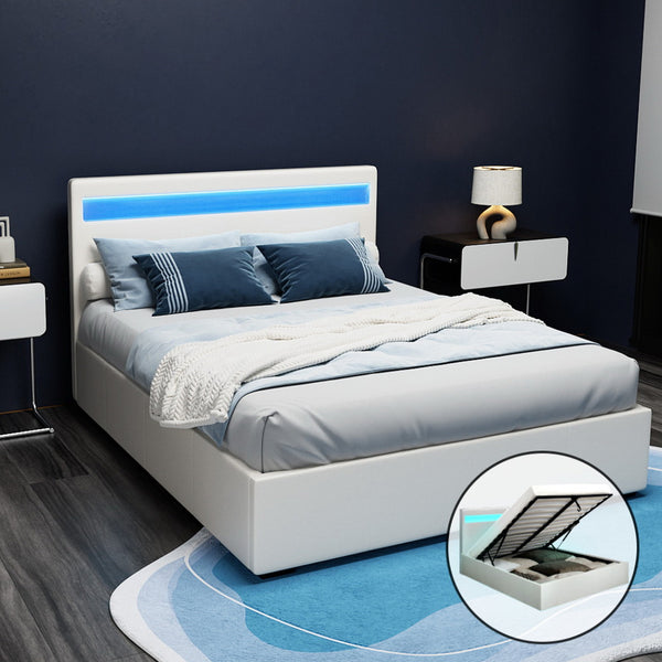  Bed Frame Double Size Led Gas Lift White Cole