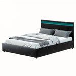 LED Bed Frame Queen Size Gas Lift Base With Storage Black Leather