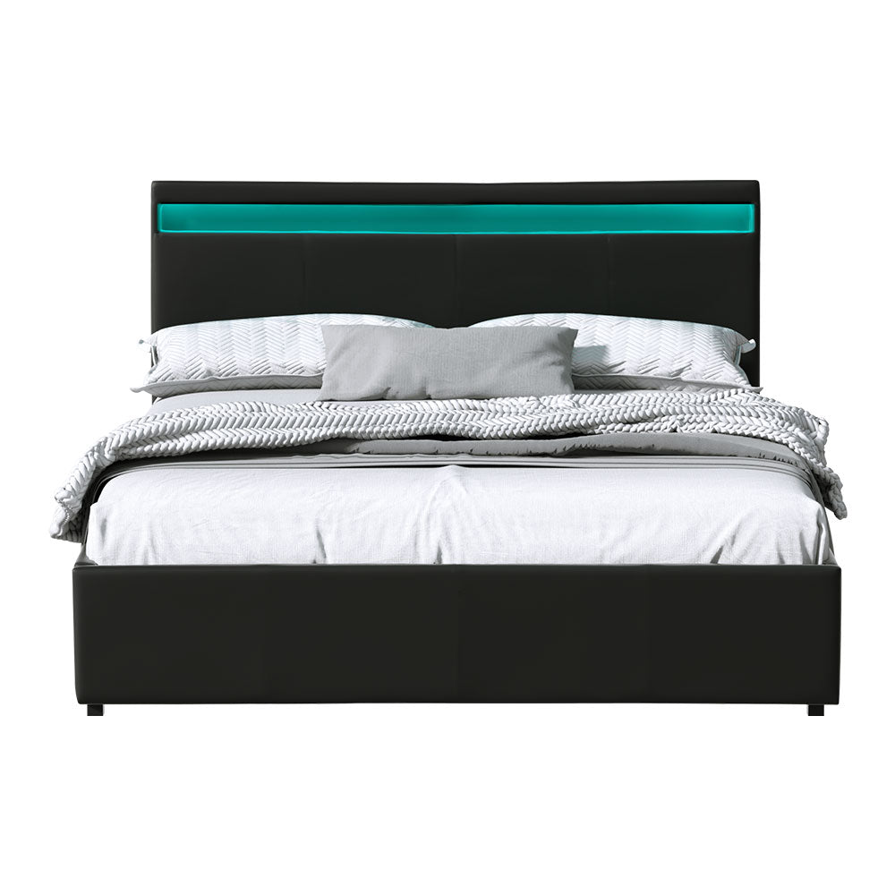 Bed Frame Queen Size Led Gas Lift Black Cole