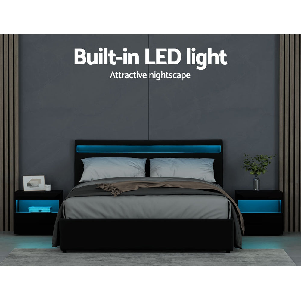 Bed Frame Queen Size Led Gas Lift Black Cole