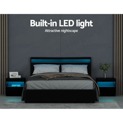 Bed Frame Queen Size Led Gas Lift Black Cole