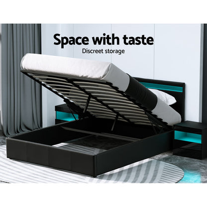 Bed Frame Queen Size Led Gas Lift Black Cole